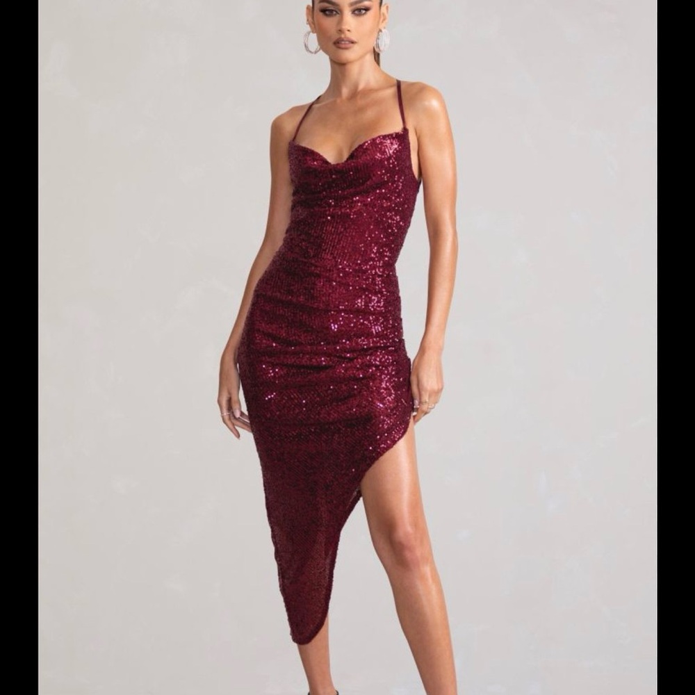 Club L London Asymmetrical Burgundy Sequin Dress